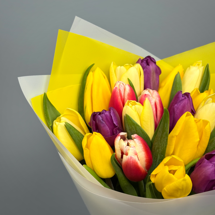 Букет из 21 тюльпанов яркий микс
